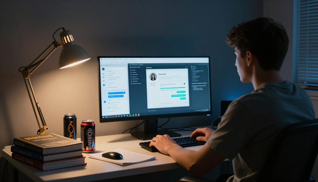 Developer working late at night with monitor glow illuminating a dark room Developer working late at night with monitor glow illuminating a dark room