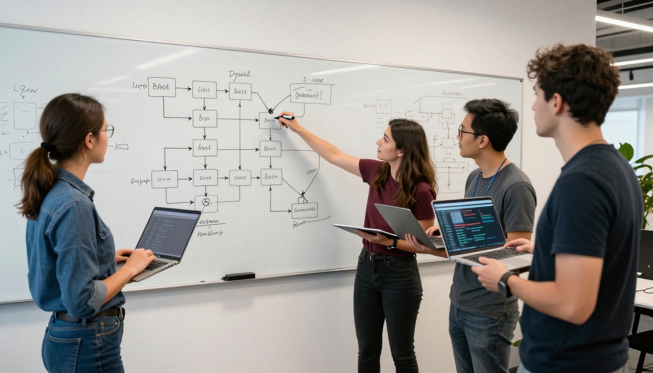 Startup team at whiteboard reviewing system architecture diagrams Startup team at whiteboard reviewing system architecture diagrams