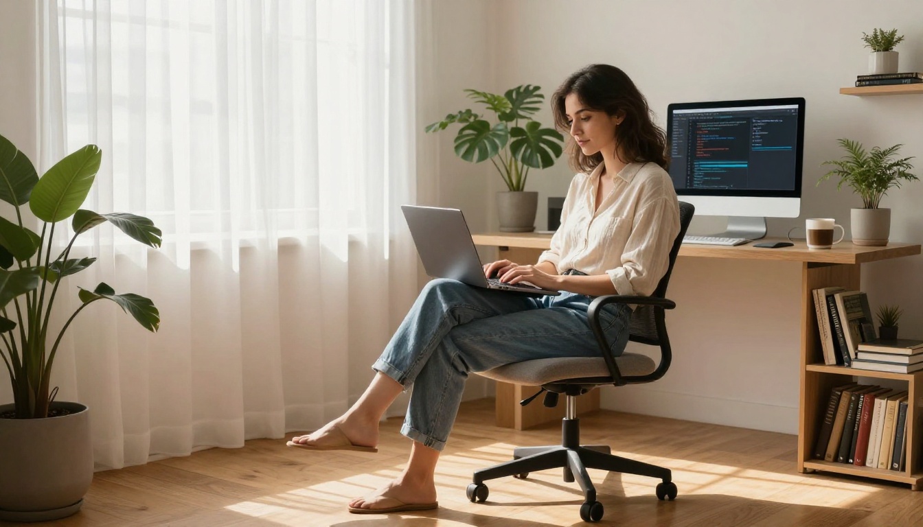 Female developer in bright home office with laptop and morning sunlight through curtains Female developer in bright home office with laptop and morning sunlight through curtains
