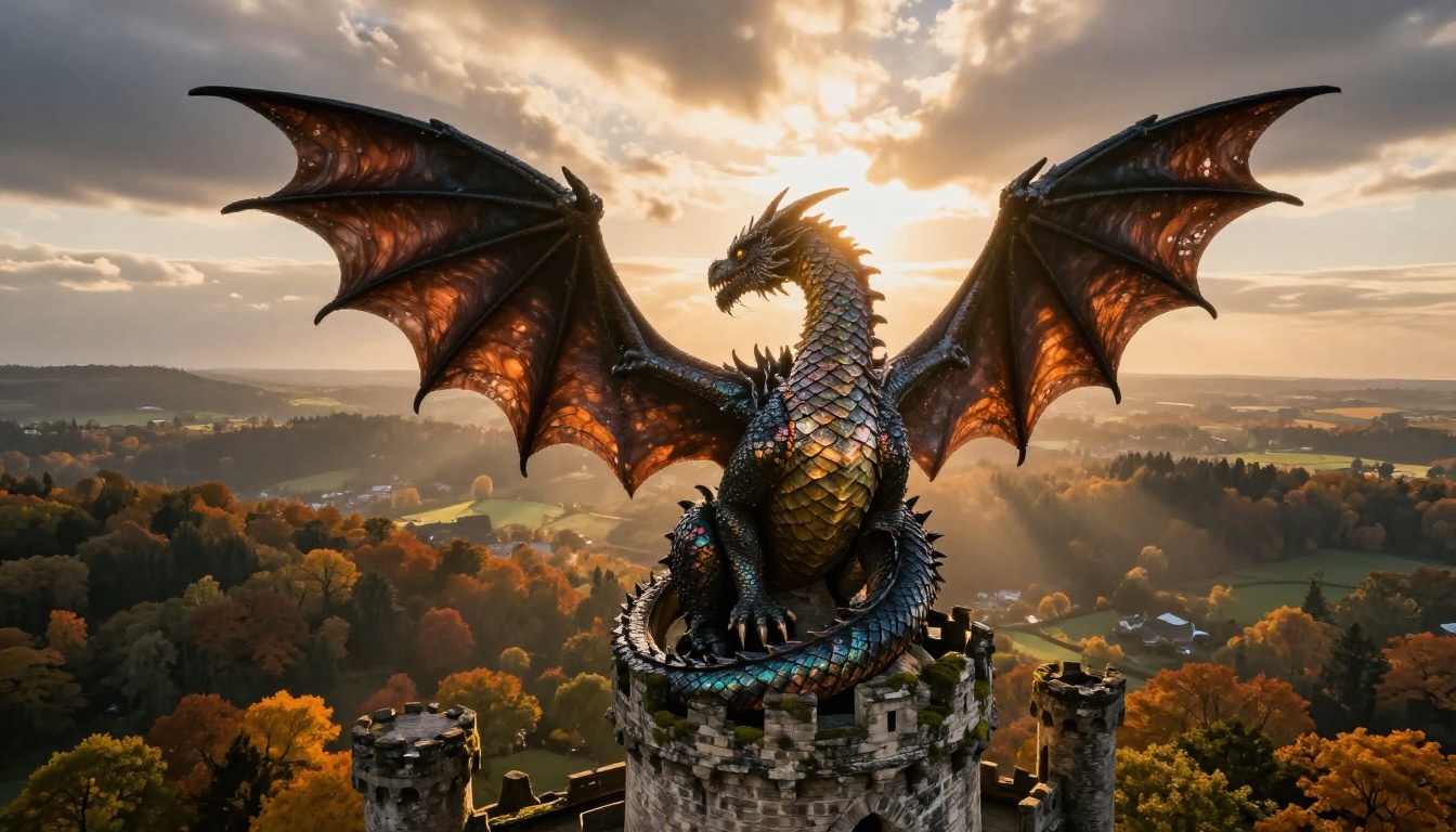 Dragon with obsidian scales coiled around a crumbling castle spire at golden hour