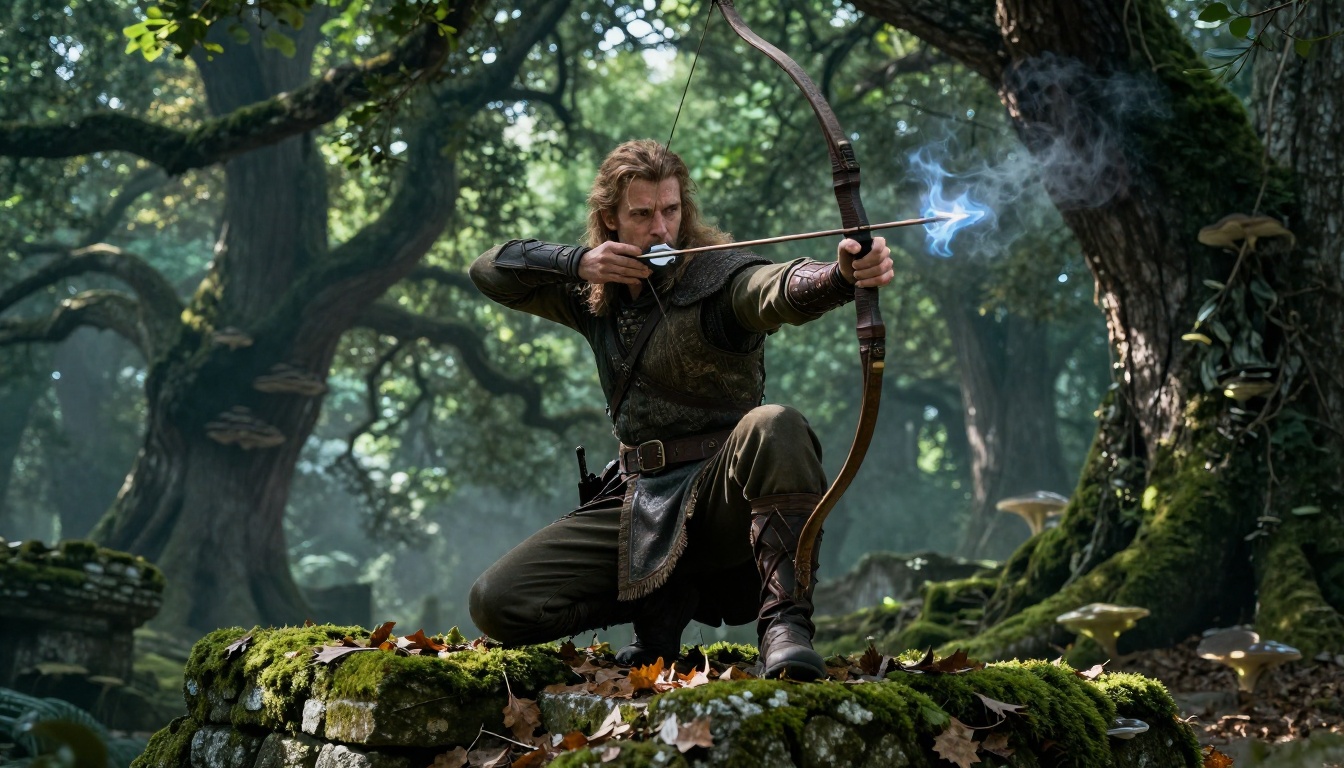 Elven archer crouching on moss-covered ruins in an enchanted forest