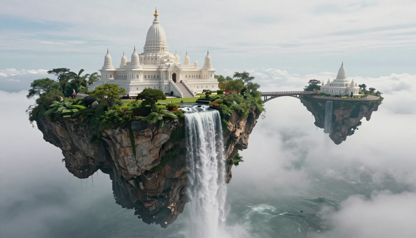 Floating island kingdom with waterfalls cascading into clouds below