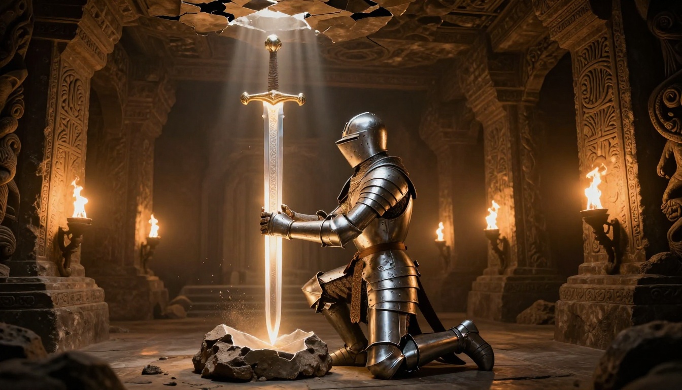 Lone knight in silver armor kneeling before a glowing sword in an underground temple
