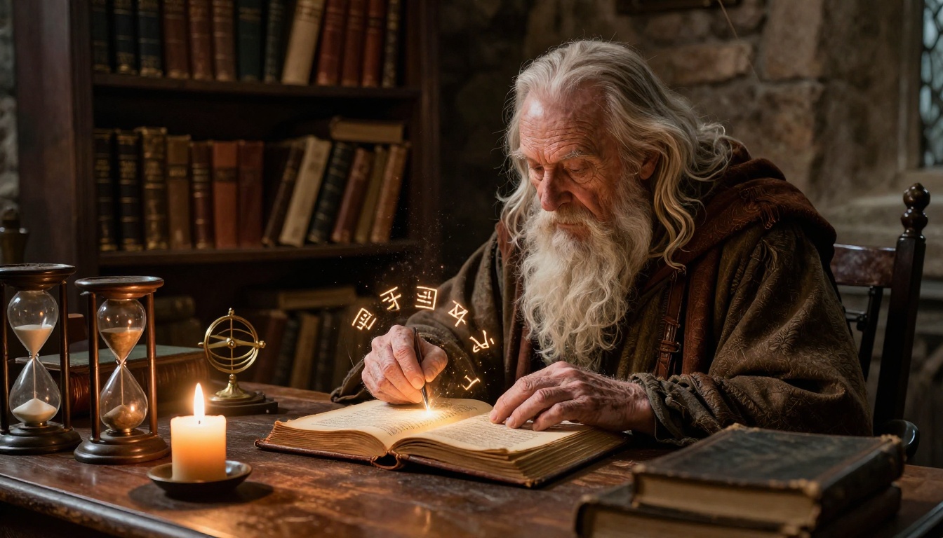 Wise old wizard studying a grimoire surrounded by floating glowing runes