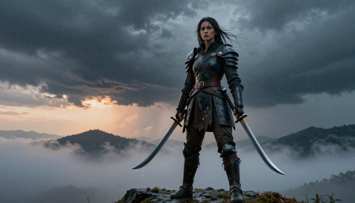 Fierce female warrior at the peak of a fog-shrouded mountain pass at twilight