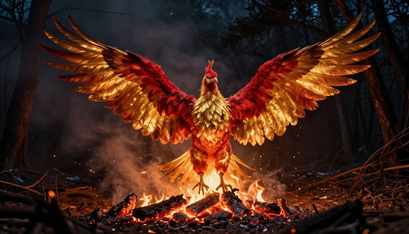 Ancient phoenix rising from a bed of embers in a scorched forest at night