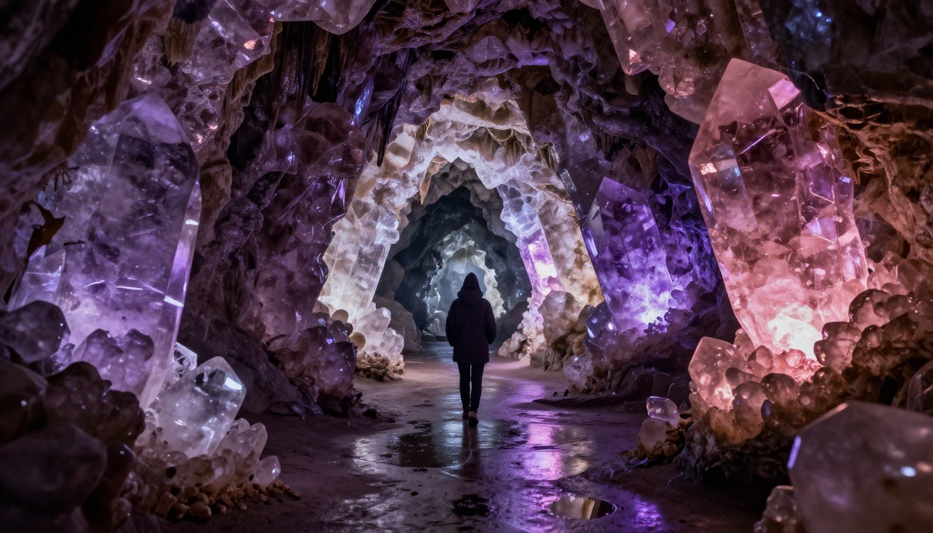 Mystical crystal cave with towering amethyst formations and a hooded figure below