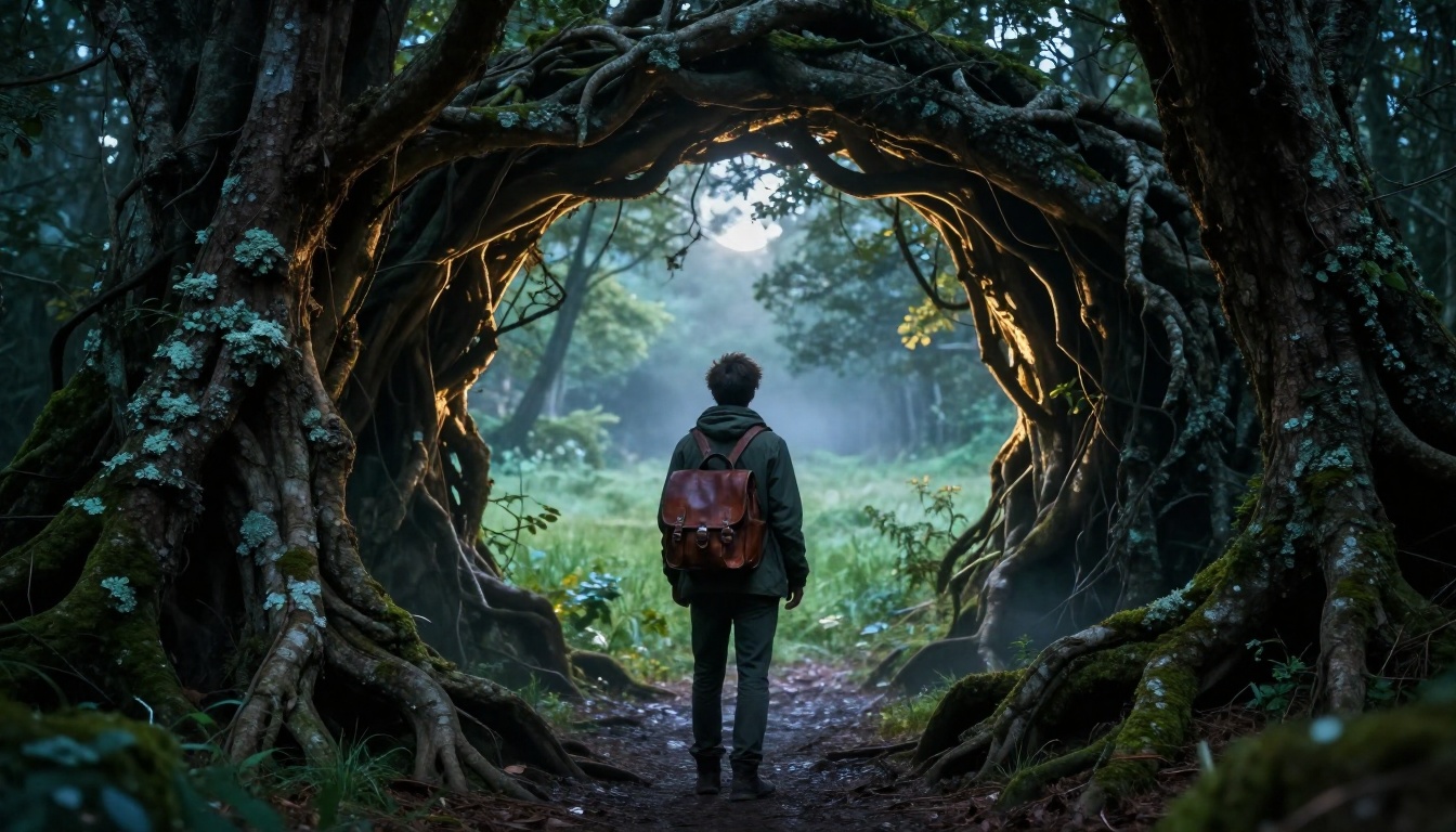 Dark forest with a glowing portal framed by ancient twisted roots leading to a bright meadow beyond