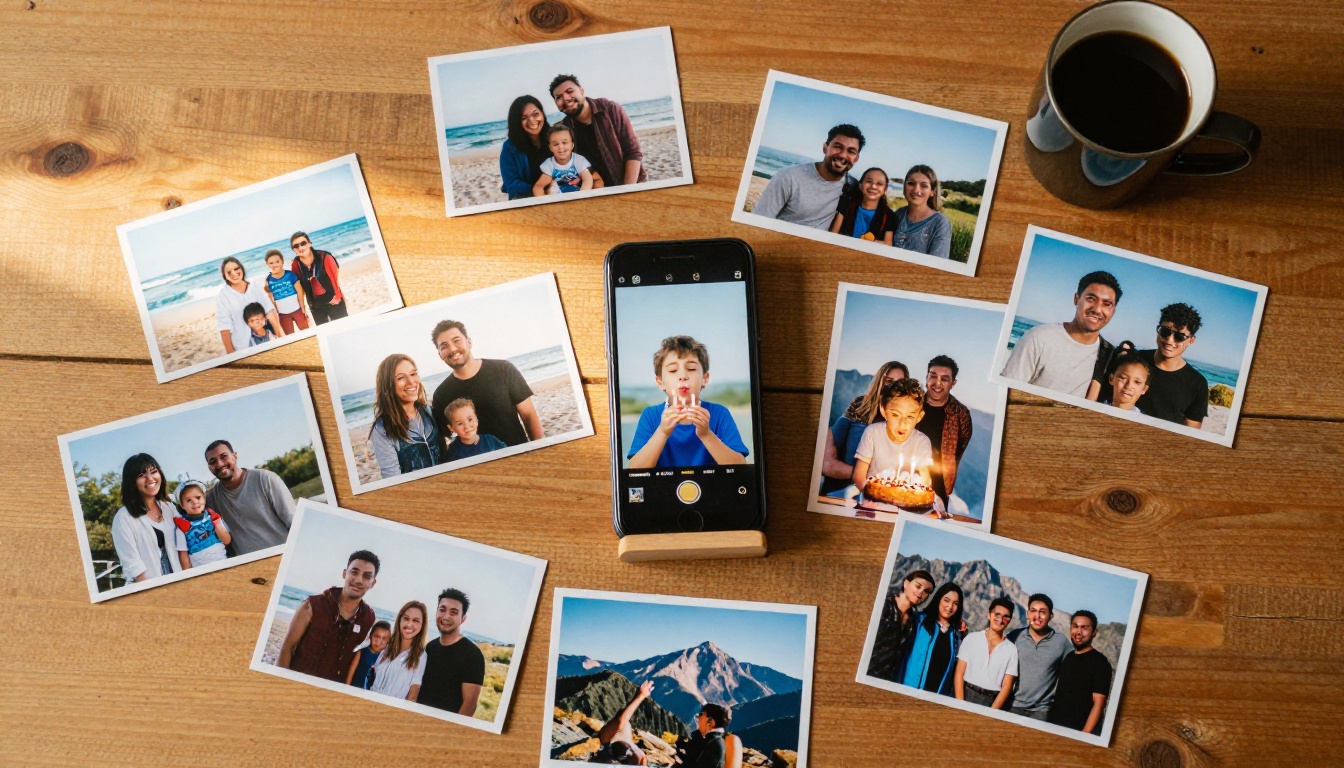 Printed photos spread on a wooden table with a phone animating one