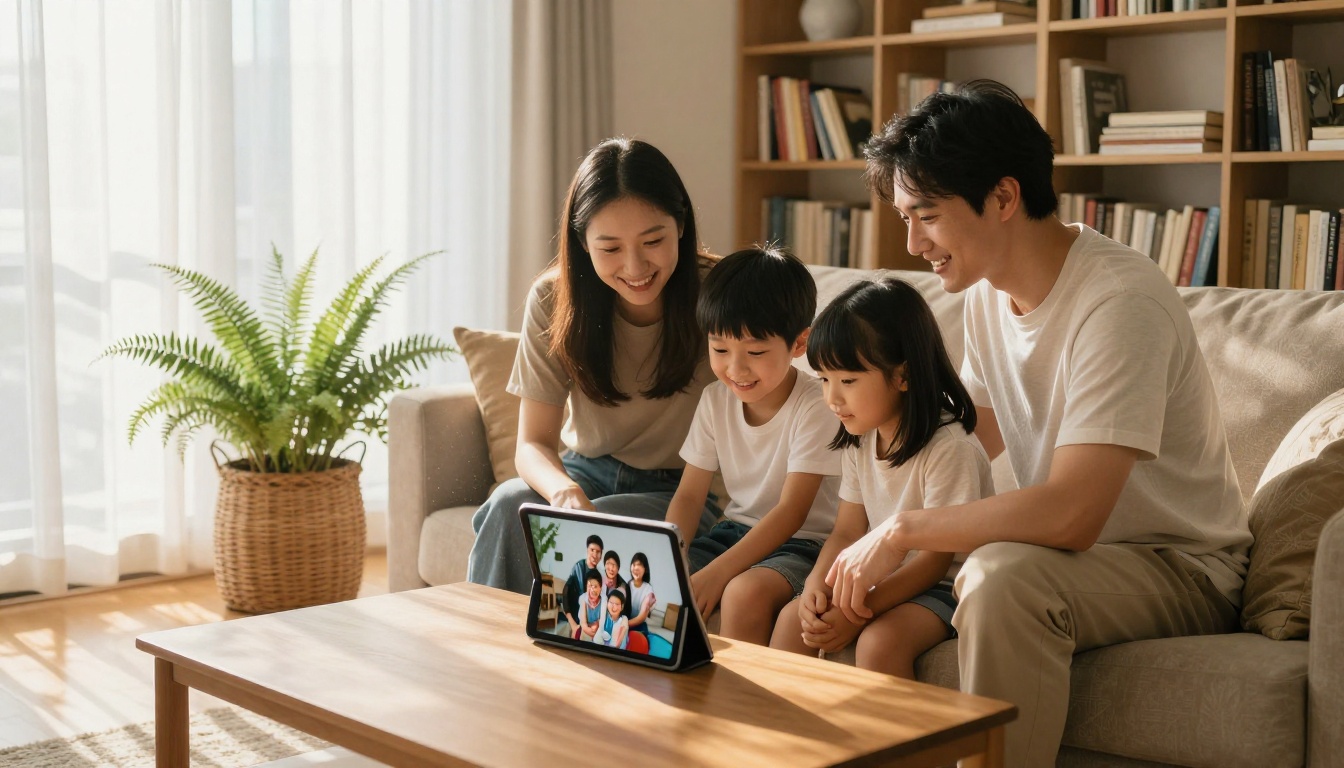 Family watching photo animation on a tablet in their living room