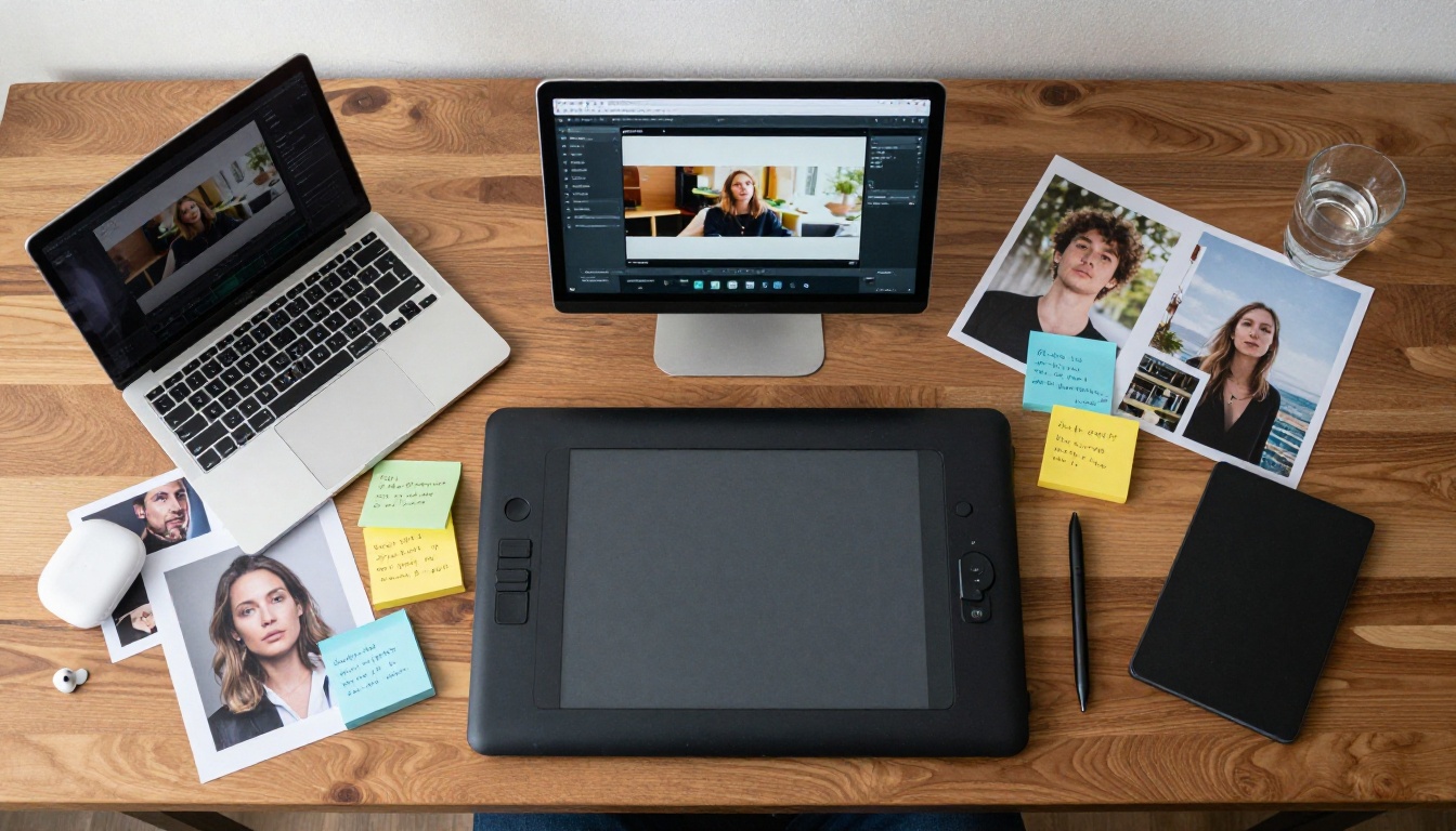 Top-down view of a creator's workspace with photos and AI tools open