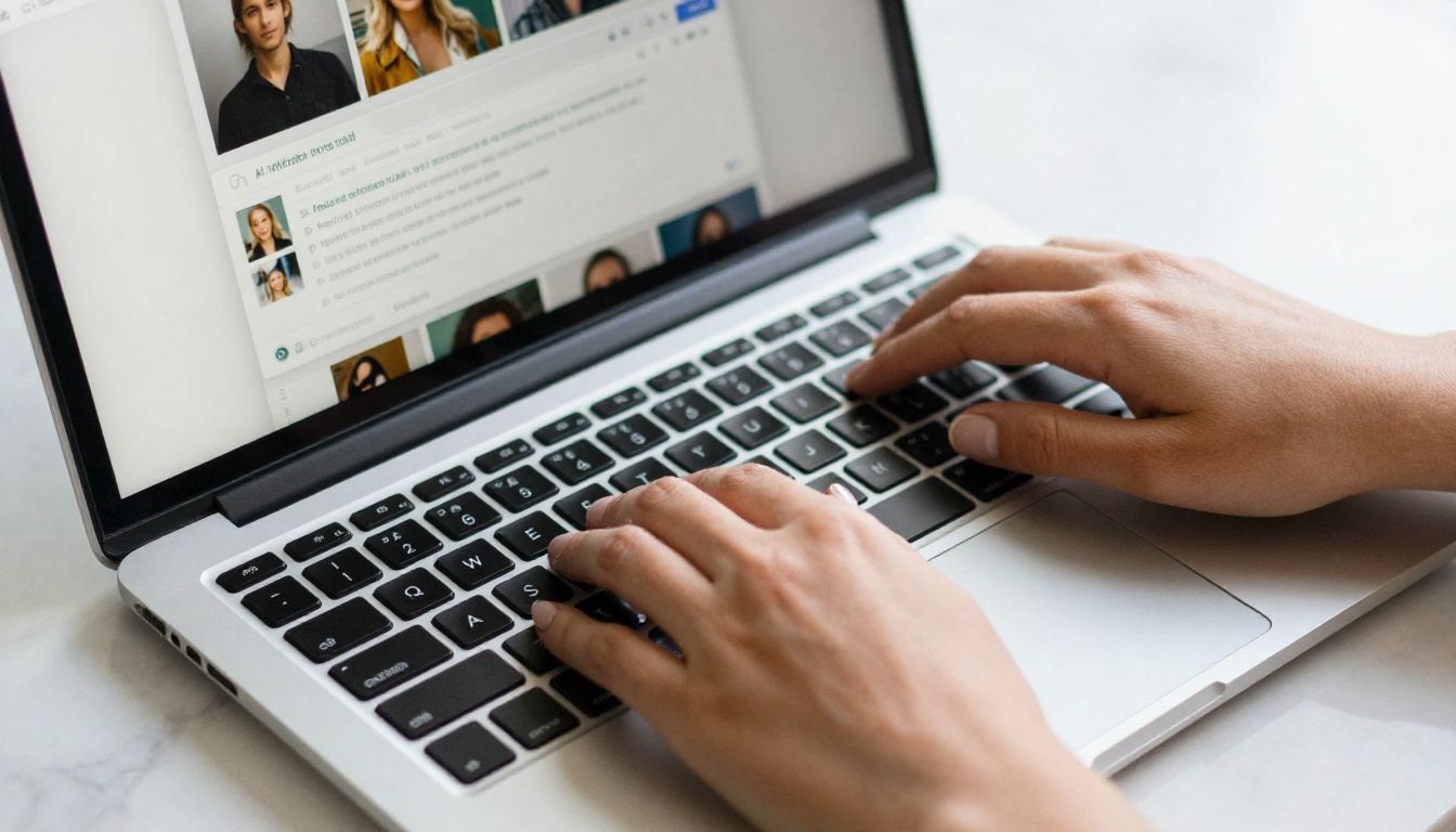 Close-up of hands typing a motion prompt on a laptop