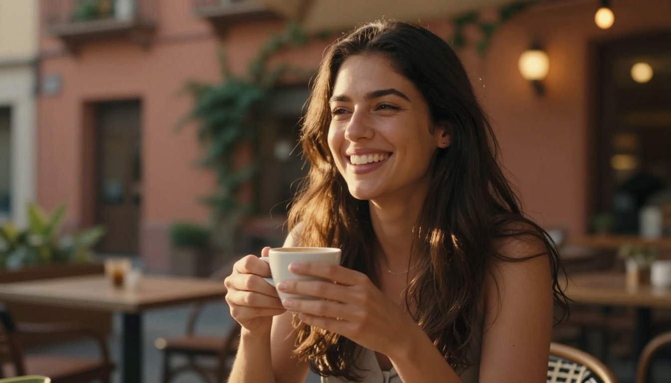 Portrait photo of a woman at a café, the ideal subject for AI photo animation