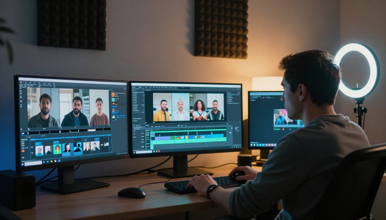Editor at a multi-monitor workstation reviewing animated photo clips in a timeline