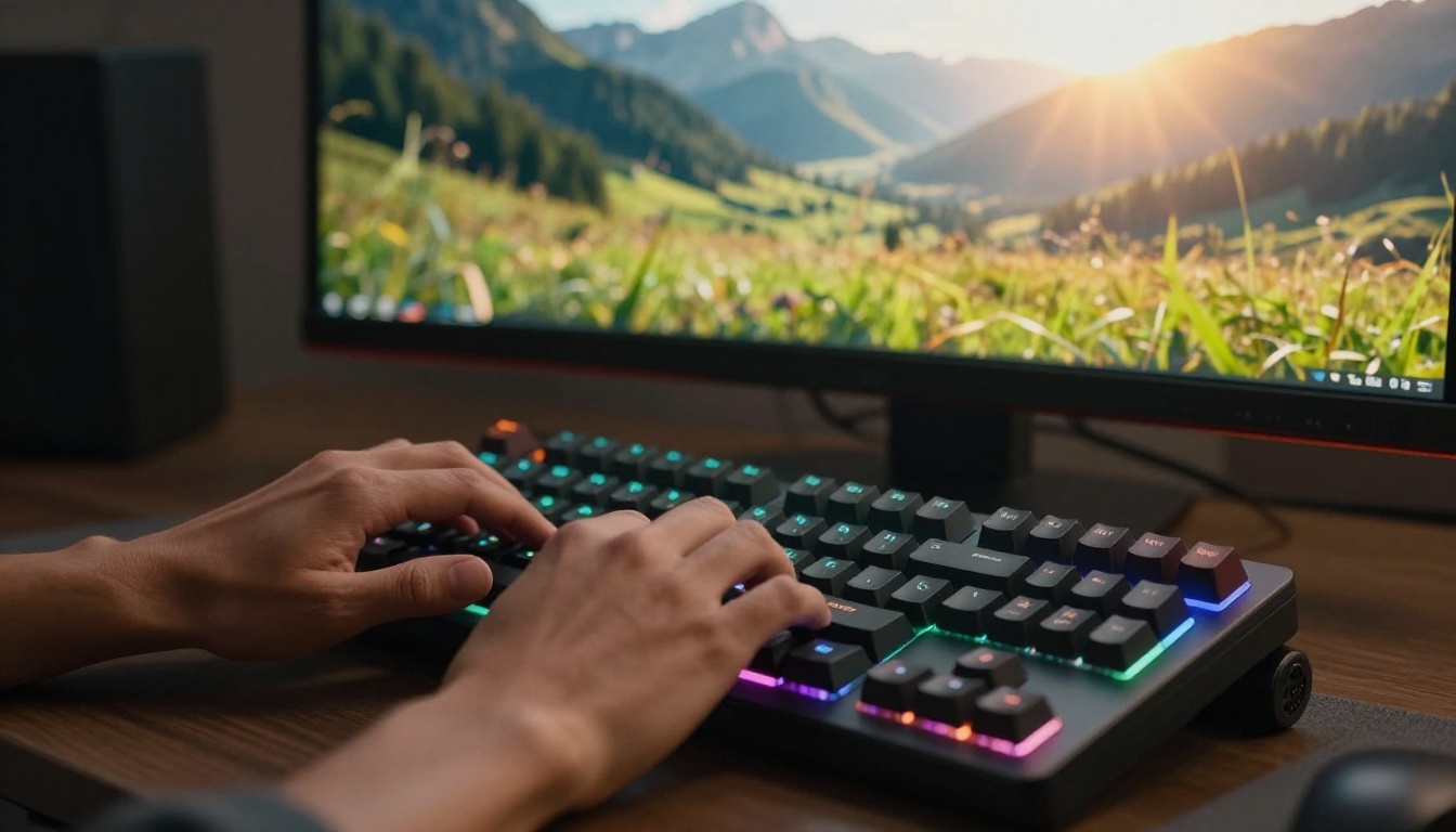 AI video editor hands at mechanical keyboard with cinematic footage on monitor