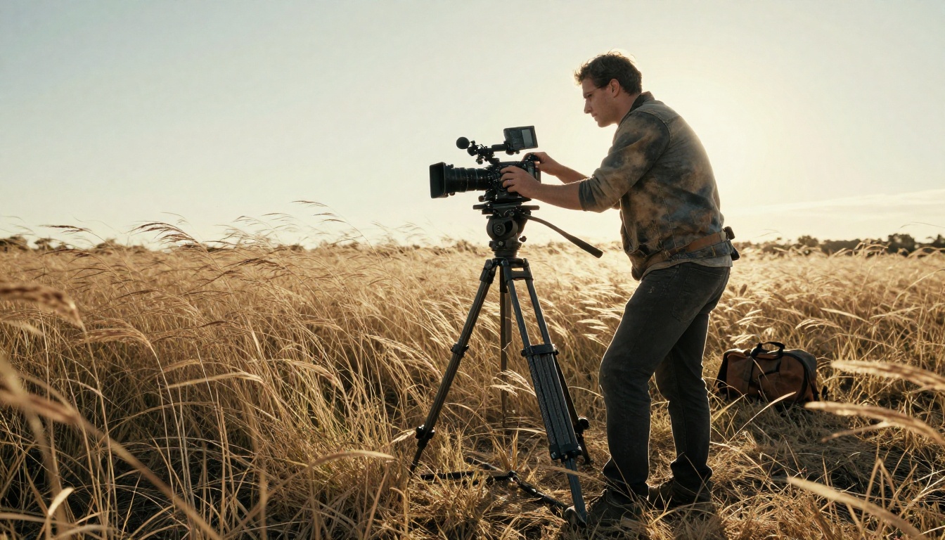 Professional cinematographer adjusting camera on tripod in golden hour field lighting
