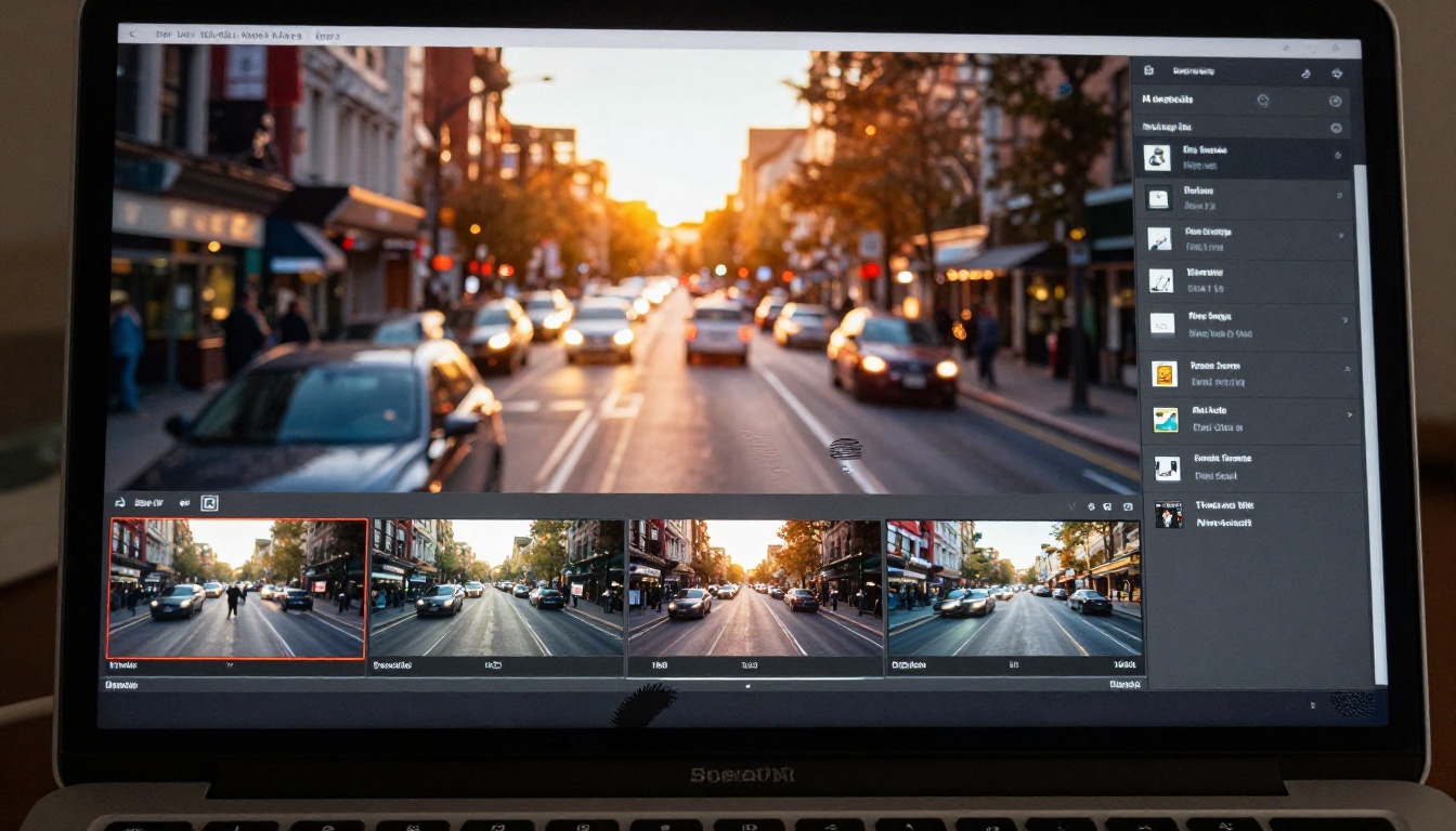 Laptop screen showing AI video generation software with urban street footage timeline
