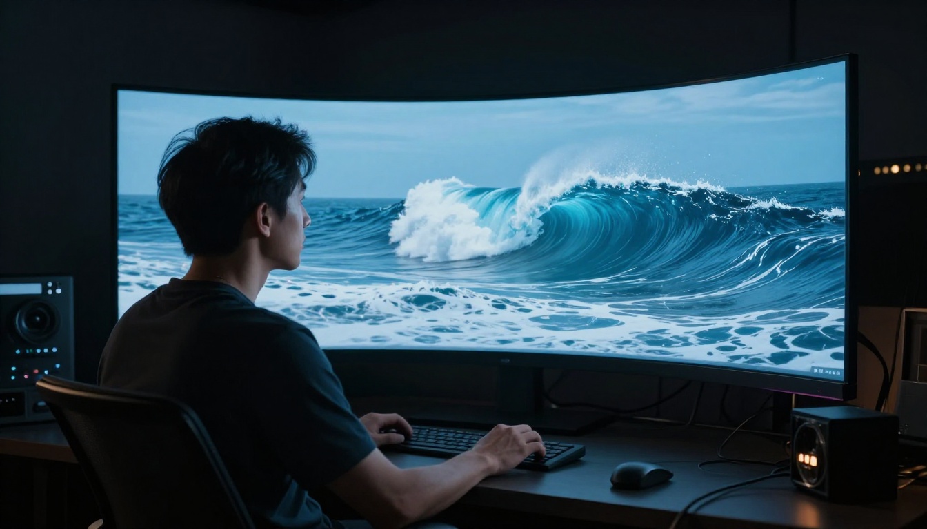 Video editor in dark professional studio reviewing ocean footage on ultrawide monitor