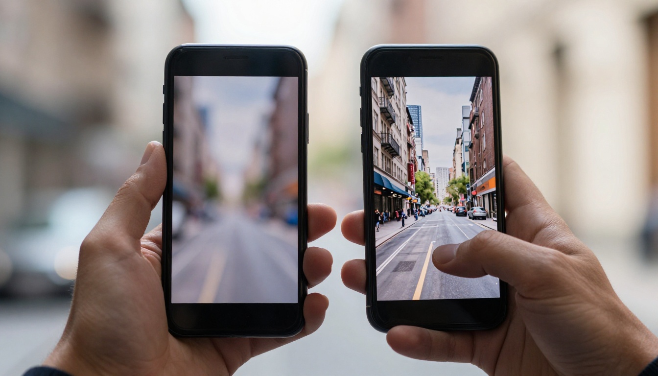Two smartphones side by side comparing blurry AI video versus photorealistic AI video