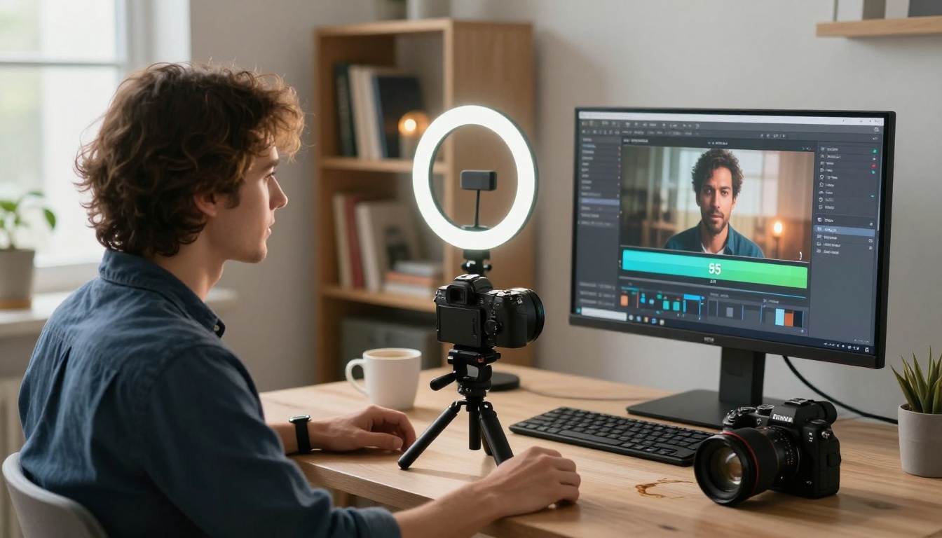 Content creator at home studio desk with mirrorless camera and AI generation monitor