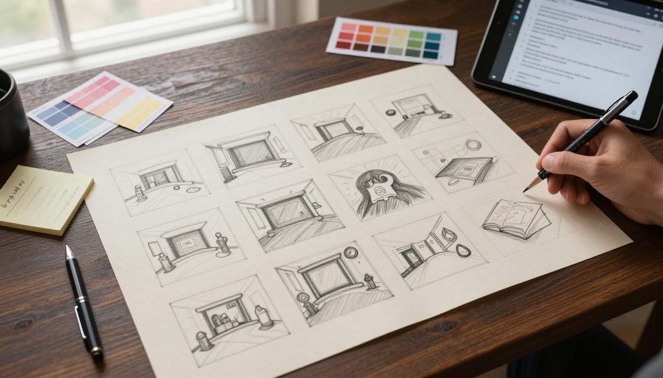 Overhead flat lay of storyboard sketches, tablet with AI prompts, and color swatches