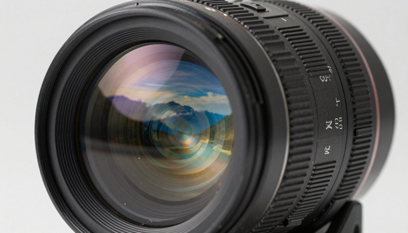 Ultra-detailed macro close-up of cinema camera prime lens with landscape reflection in glass
