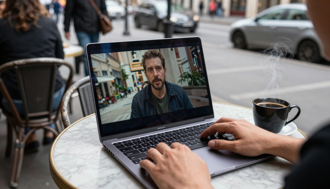 Filmmaker reviewing footage on laptop at outdoor urban cafe in overcast daylight