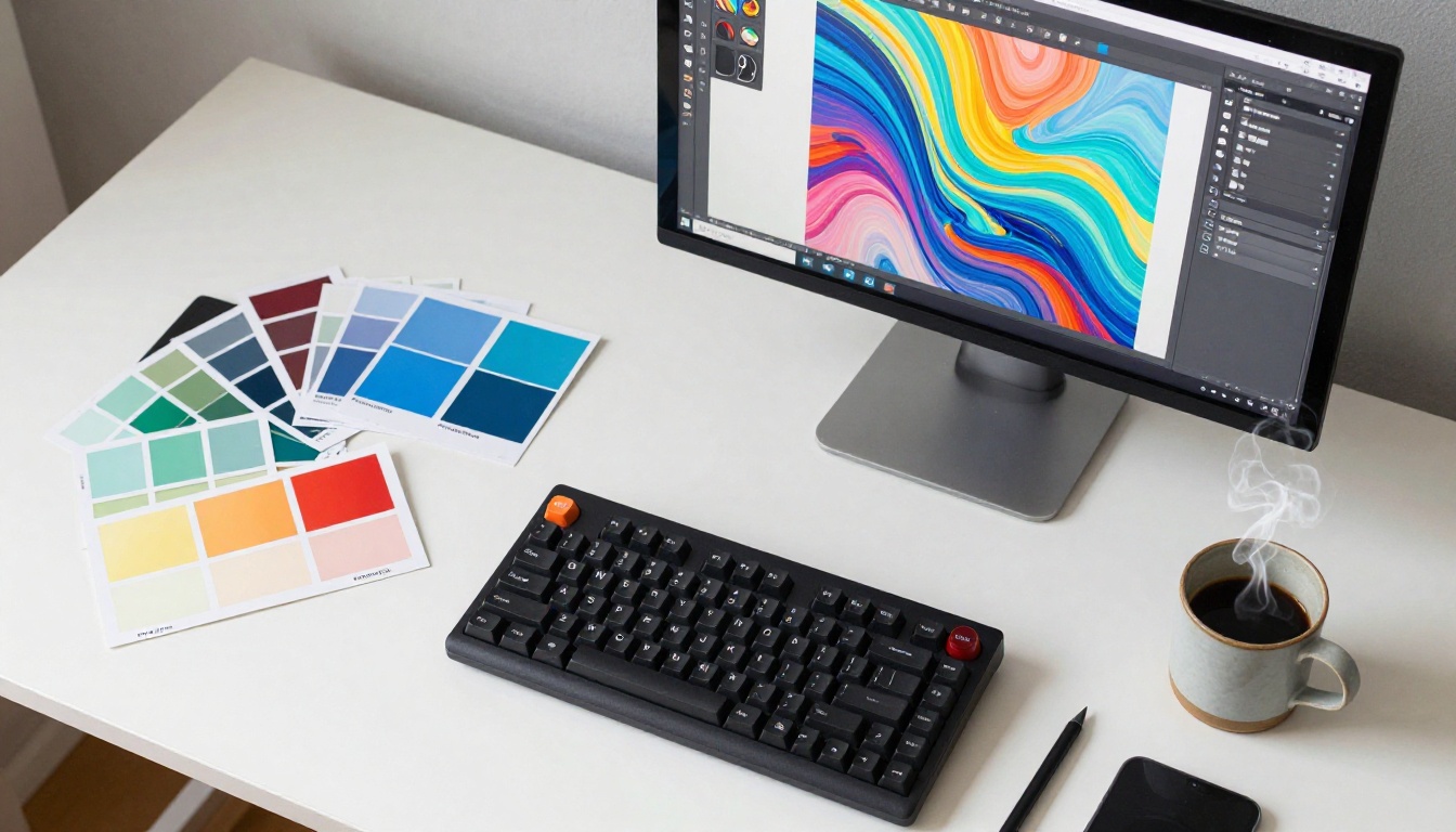 A professional creative workspace with keyboard, drawing tablet, and monitor showing AI artwork in progress