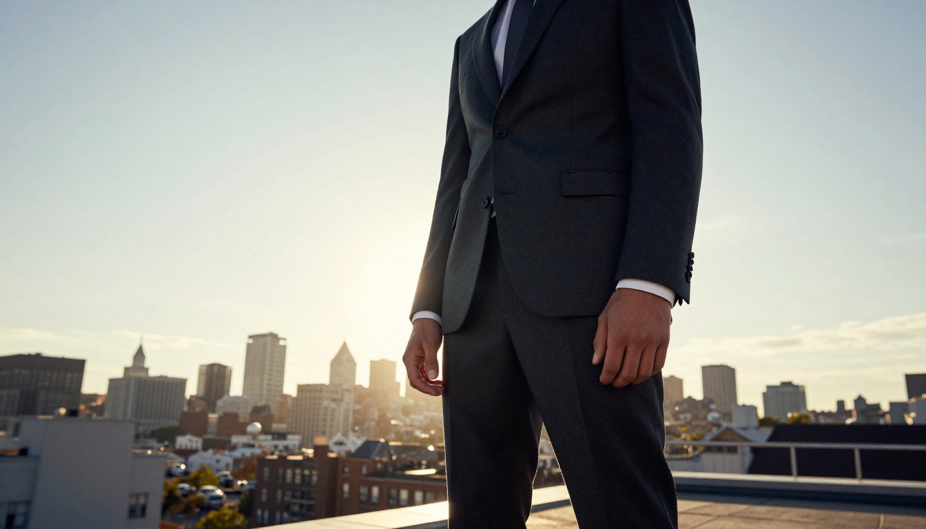 Low-angle cinematic shot of a man in a suit against urban skyline, professional photography