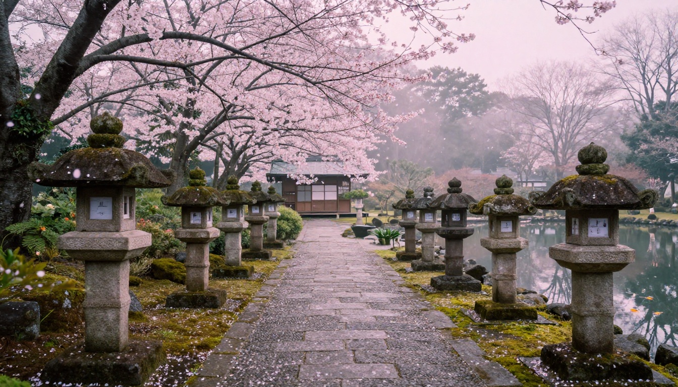 Japanese garden at dawn with natural pastel light, cherry blossoms, and serene atmosphere