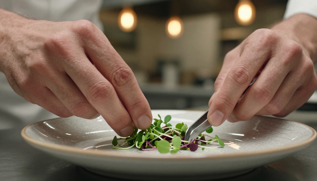 Chef's hands using tweezers to arrange microgreens on a ceramic plate, macro photography, warm restaurant light