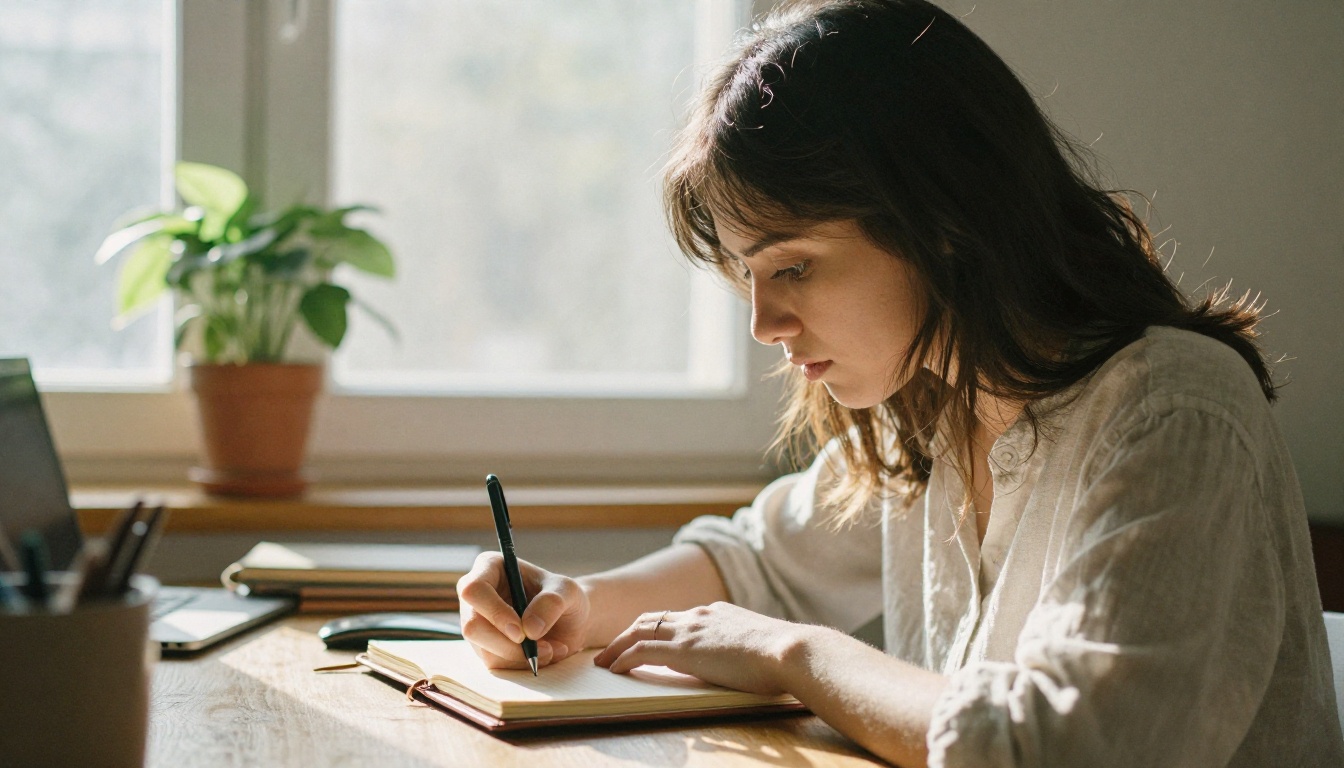 Woman writing in a sunlit journal by the window, shallow depth of field, natural morning light