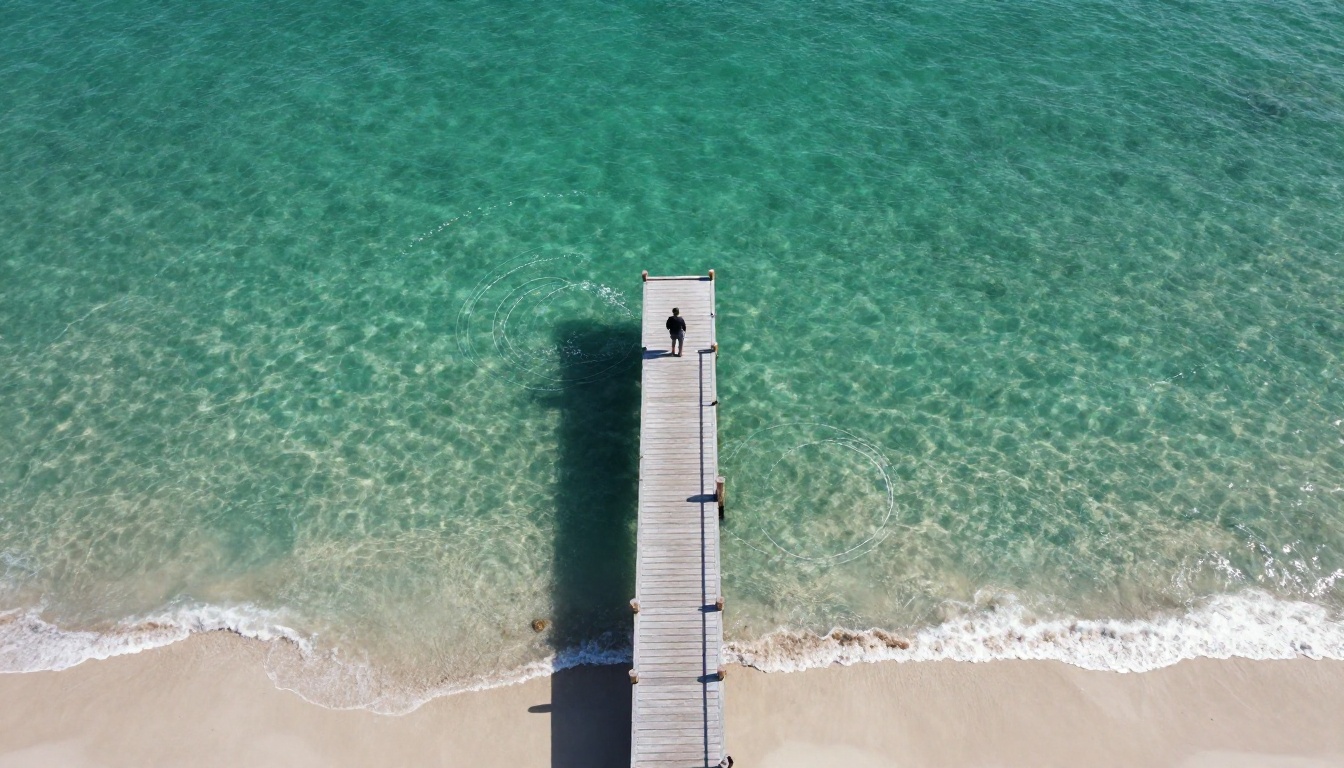 Aerial view of a turquoise ocean bay with white sand beach and wooden pier, natural midday light