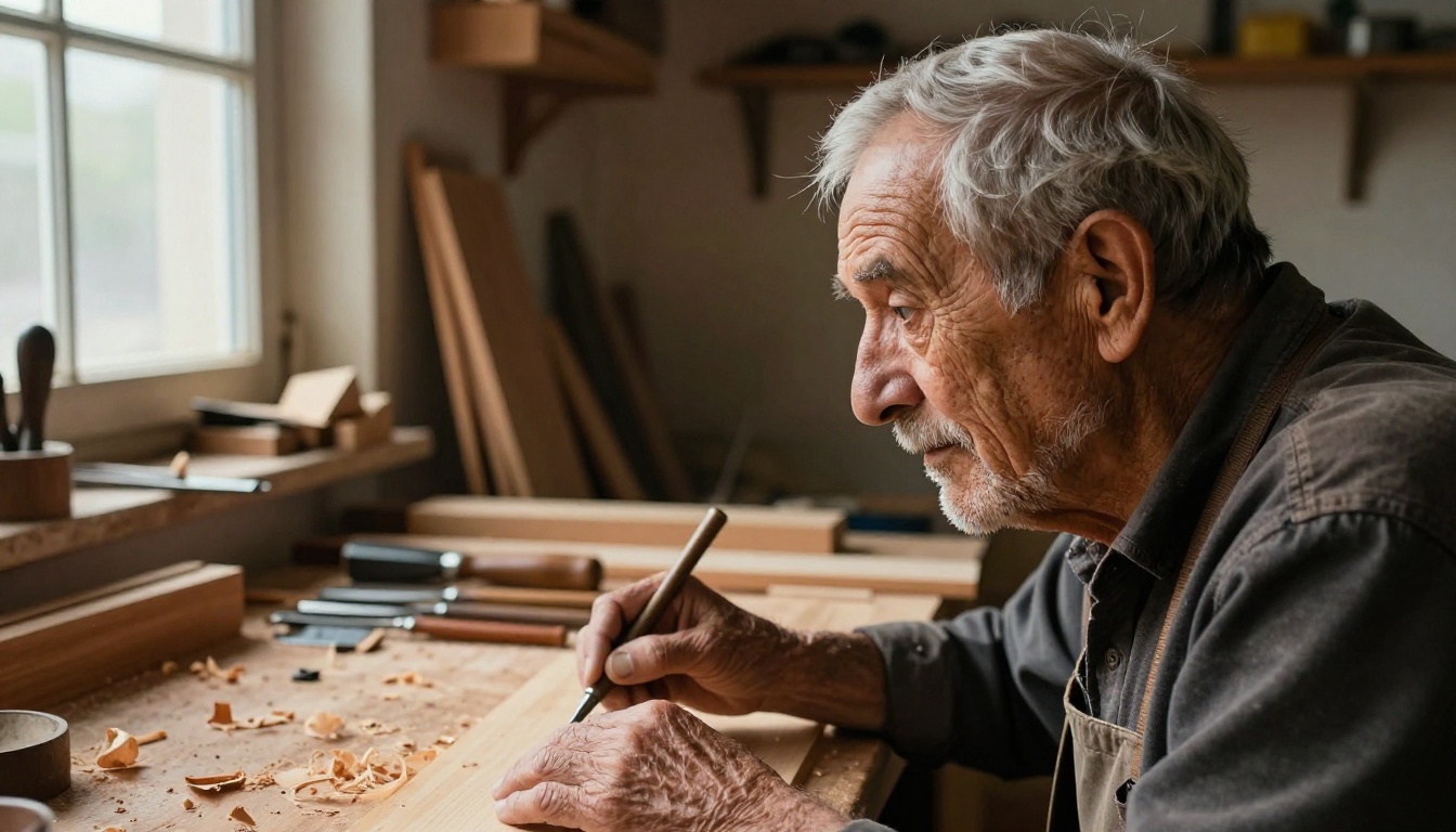 Portrait of an elderly craftsman with detailed skin texture, warm workshop lighting, natural film photography