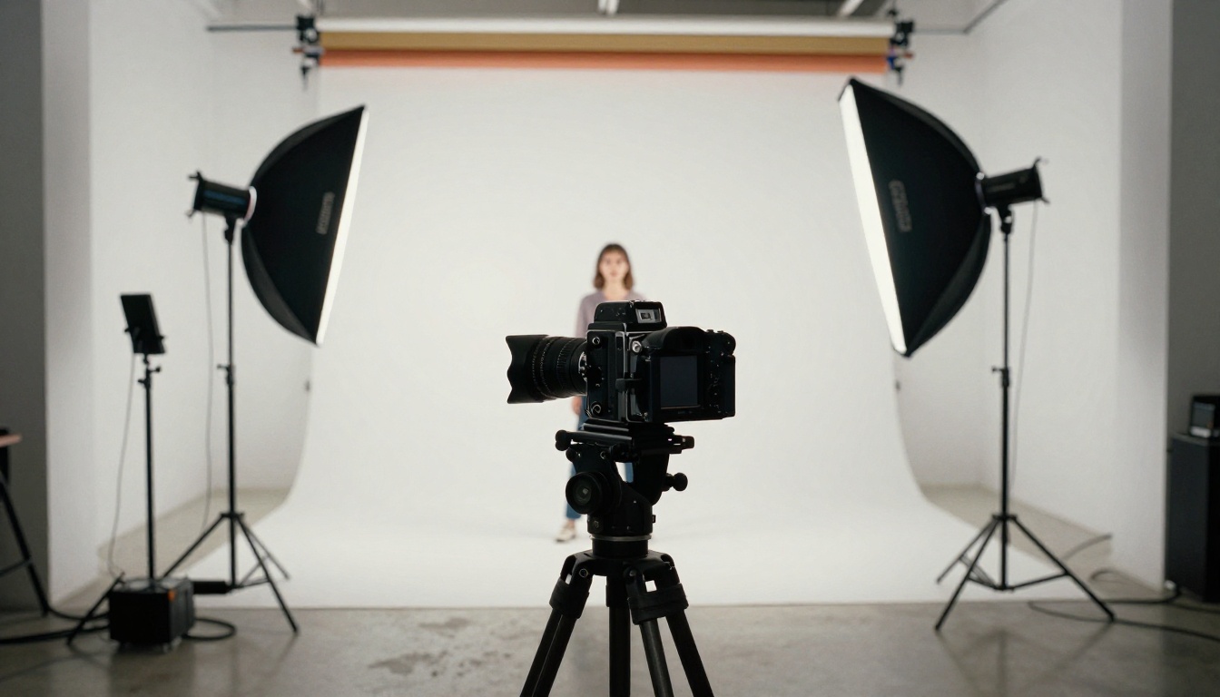Professional photography studio interior with white seamless backdrop, strobe lights, and medium format camera on tripod