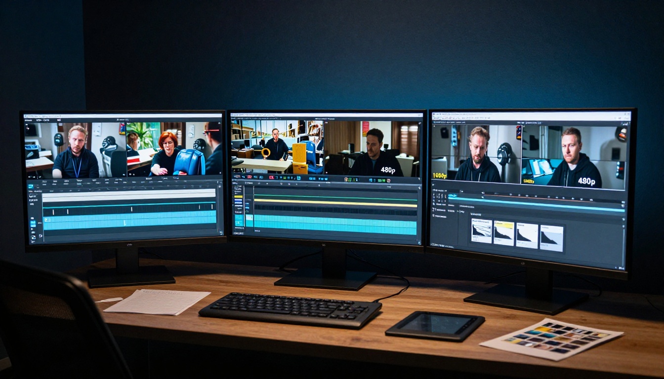 Multi-monitor editing workstation showing resolution comparison panels