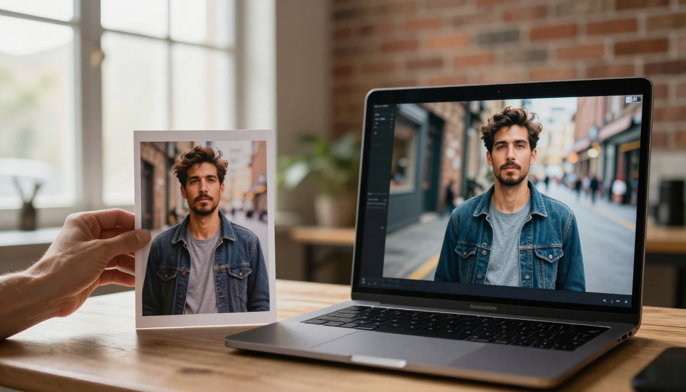 Comparing a reference photo to an AI-generated image on screen