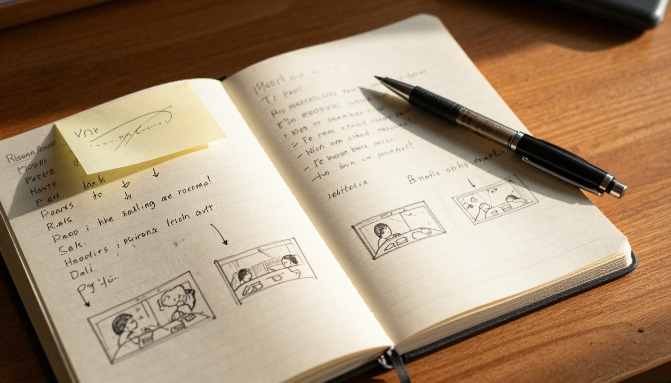Handwritten prompt notes and scene sketches in a notebook on a desk
