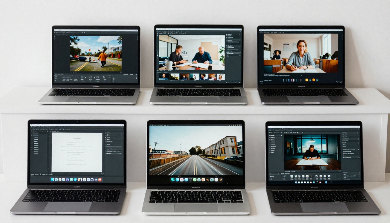 Four laptop screens displaying different AI video tool interfaces side by side