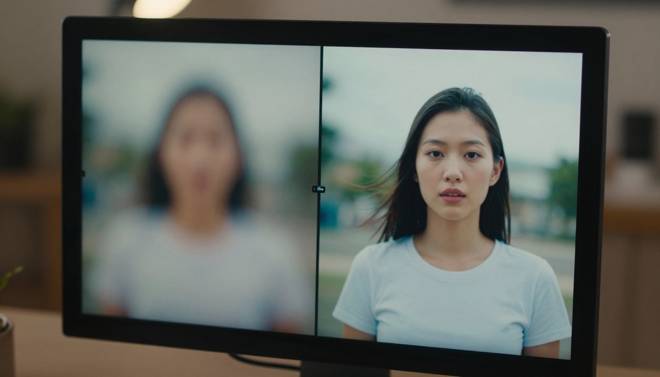 Split-screen comparison of low-quality versus 4K upscaled video frame on a monitor
