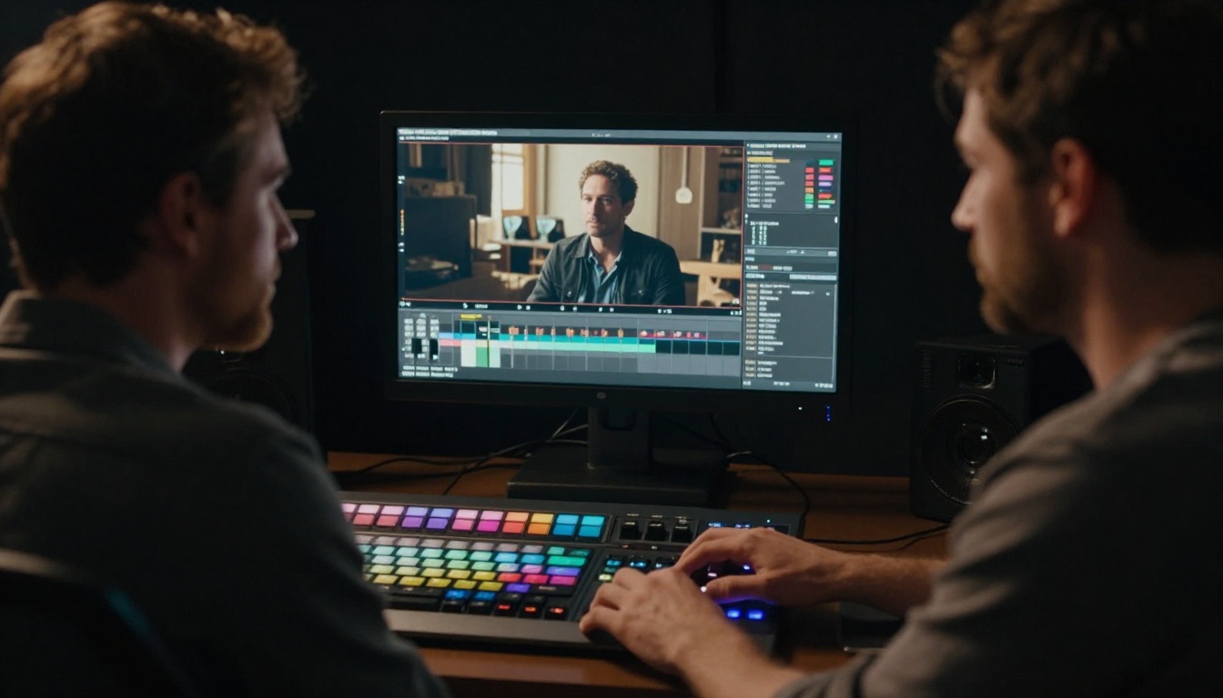 A video producer reviewing cinematic playback in a dark color grading suite
