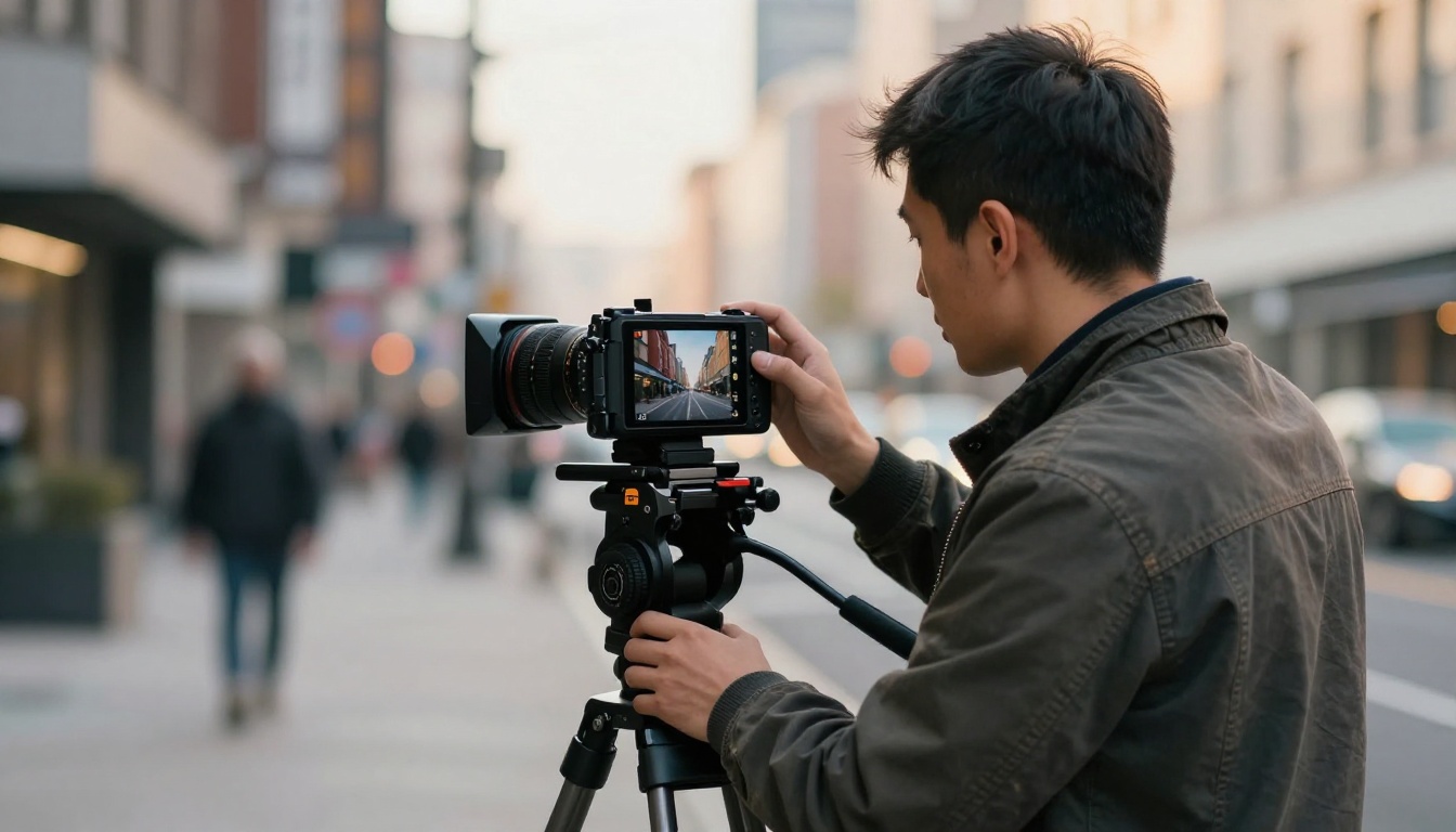 Cinematographer comparing real camera footage versus AI video on a smartphone in golden hour light