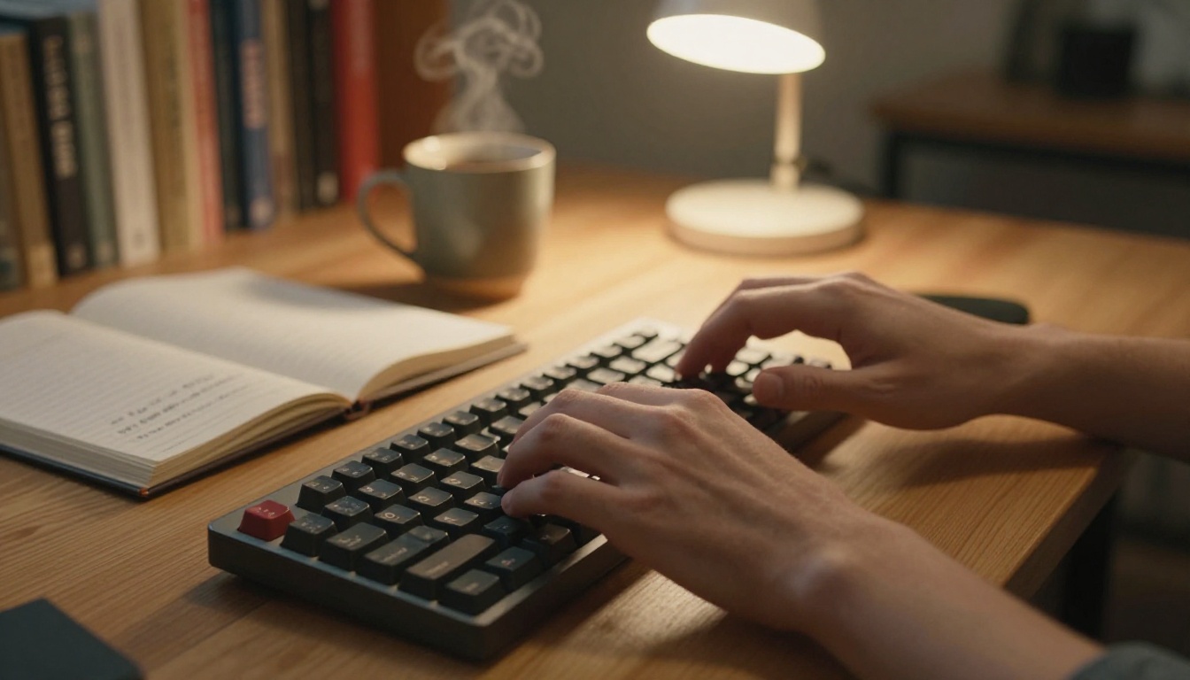 Close-up hands typing on a mechanical keyboard with notebook and coffee in the background