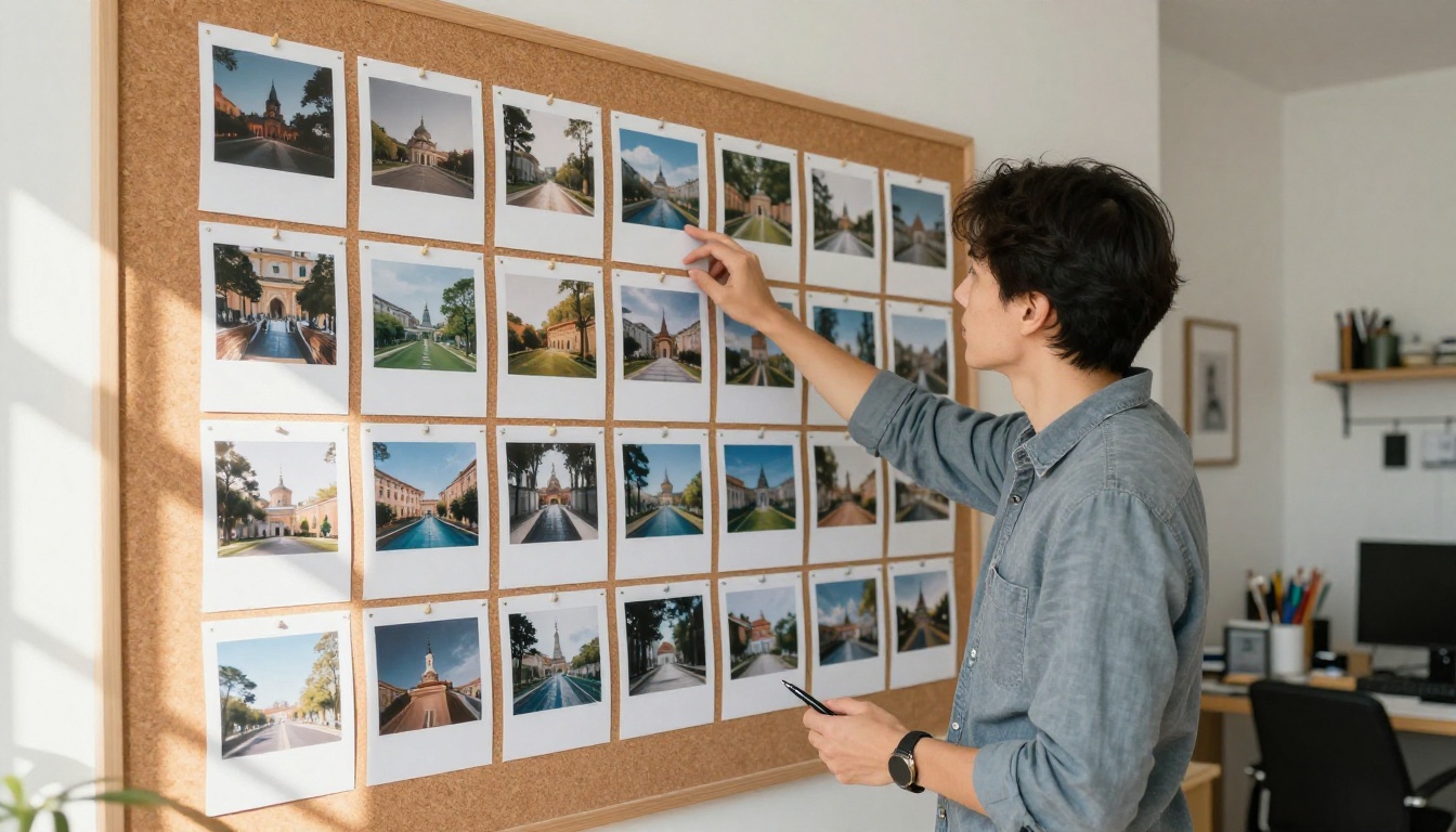 A person studying printed AI-generated images pinned on a cork board, analyzing outputs from different prompts