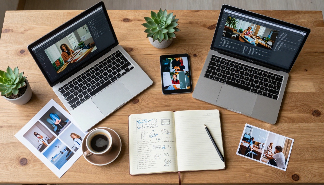 Aerial overhead view of a creative workspace with laptop, tablet, notebook, and printed photos on an oak desk