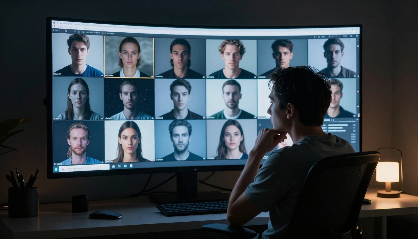 A creative professional in a dark editing suite examining AI image outputs on a large widescreen monitor