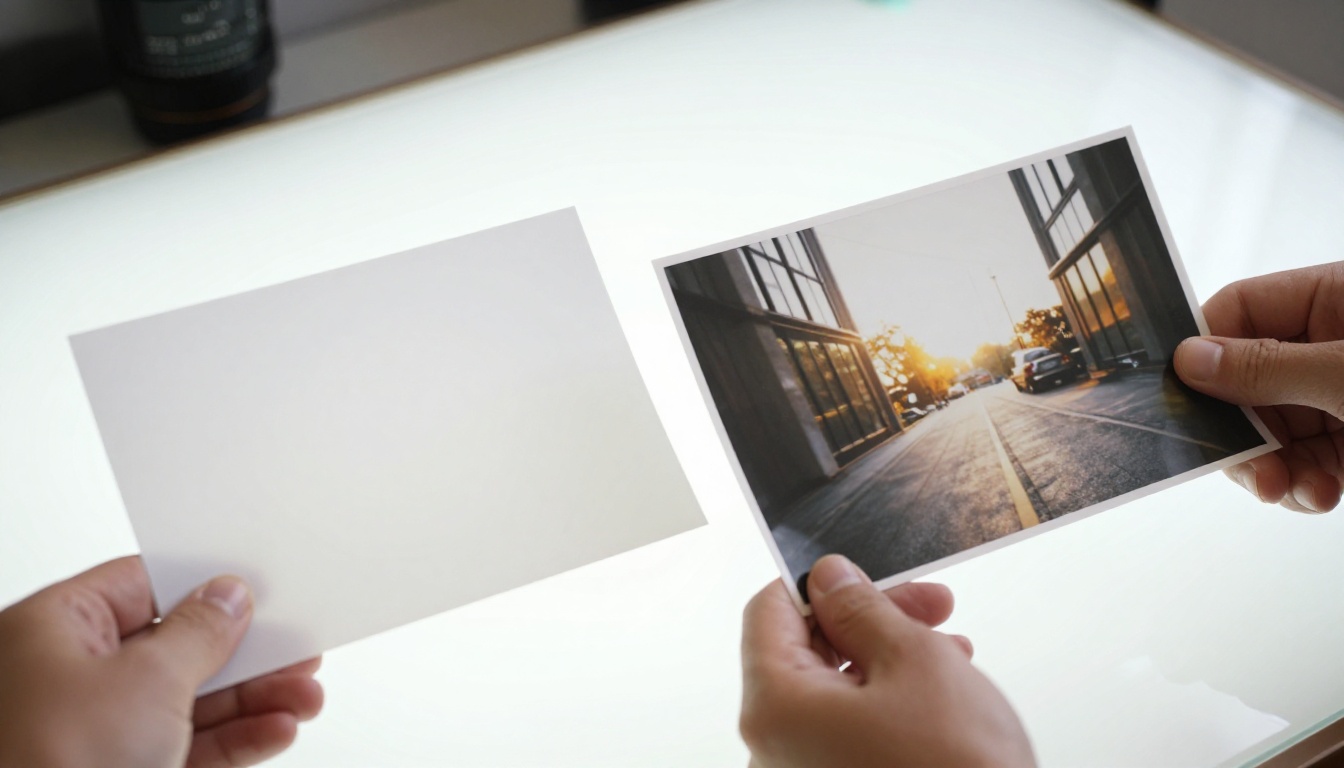 Two printed photographs compared on a light table, one blurry and one sharp, showing the difference quality prompts make