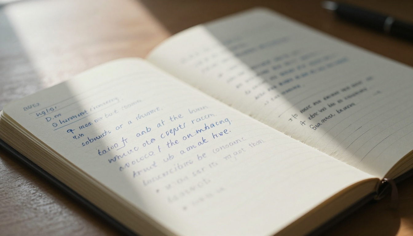 Close-up of handwritten prompt notes in a notebook, annotations visible on paper