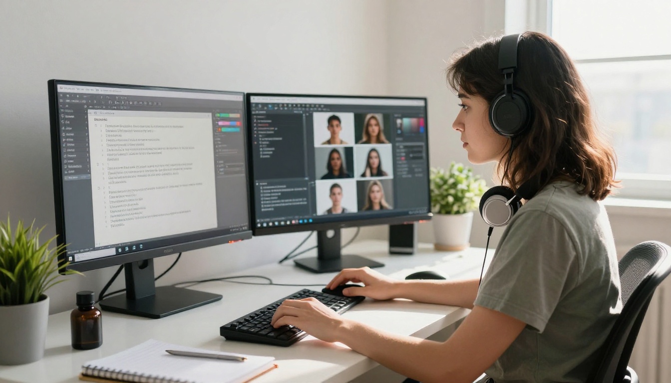 A creative professional with dual monitors comparing AI prompt outputs in a bright home studio