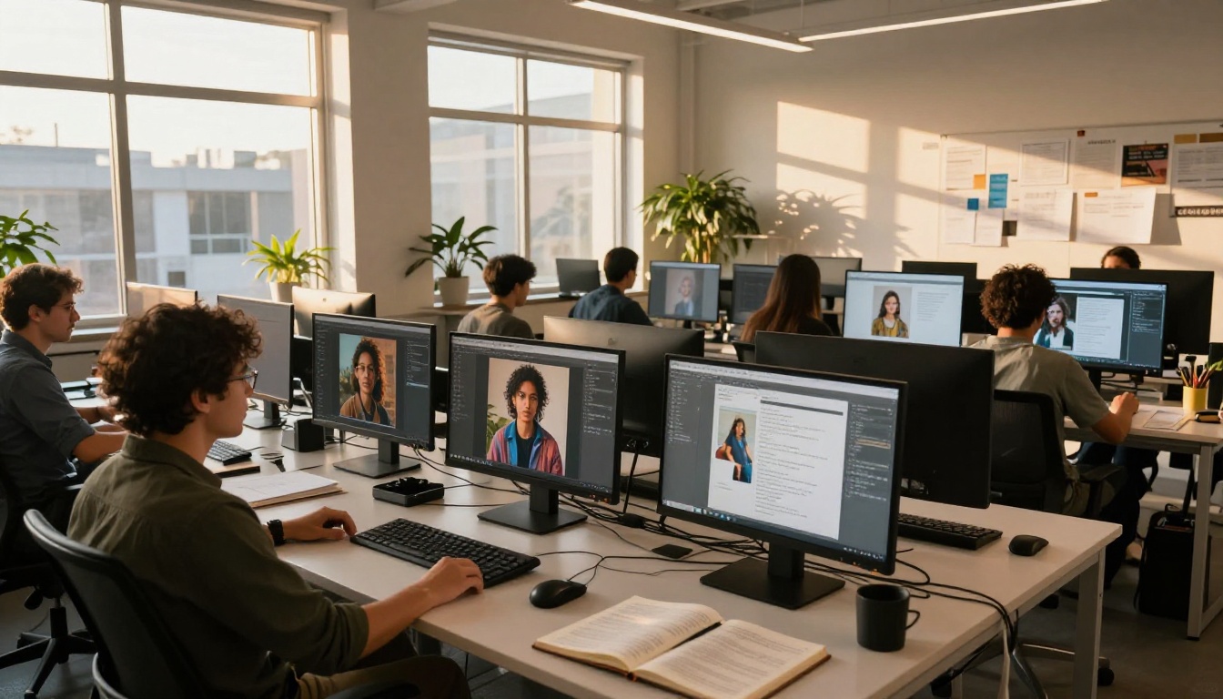 Wide-angle view of a creative agency studio with professionals working at multiple AI generation stations